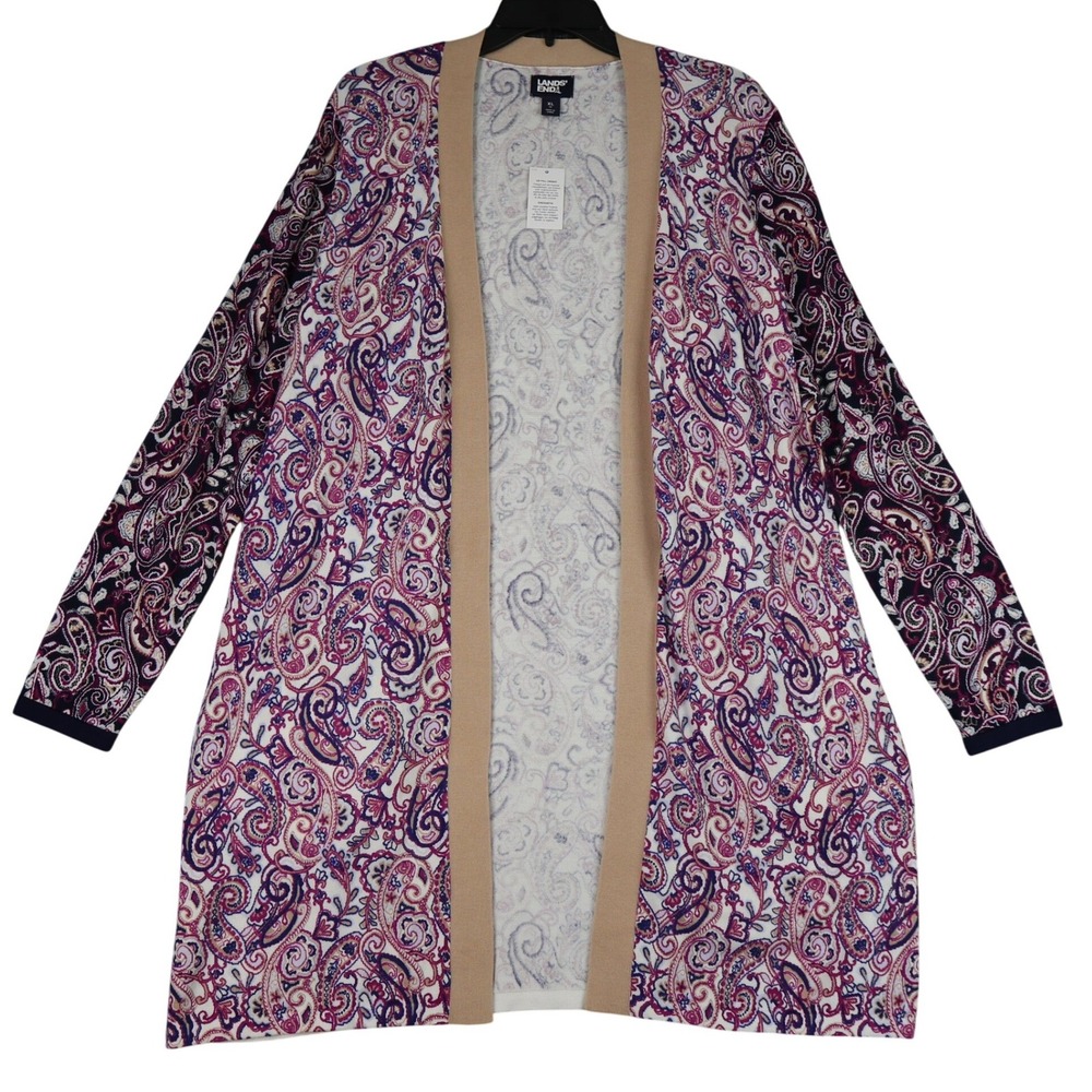 Lands End Cardigan Women XL Paisley Print Cotton Open Front Longline Sweater